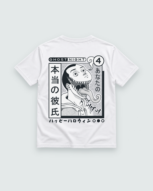 Ghost Night Horror Back Print Tee — white shirt, back view