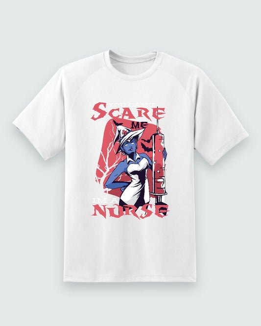 You Can’t Scare Me Nurse Halloween Tee — white shirt, front view