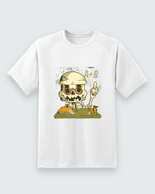 Skeleton Teacher Halloween Tee — white shirt, front view