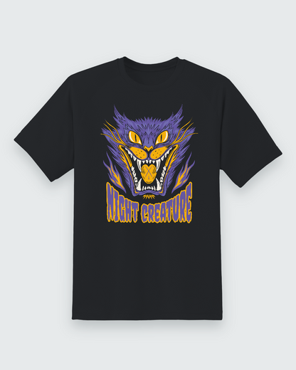 Night Creature Graphic Tee — black shirt, front view
