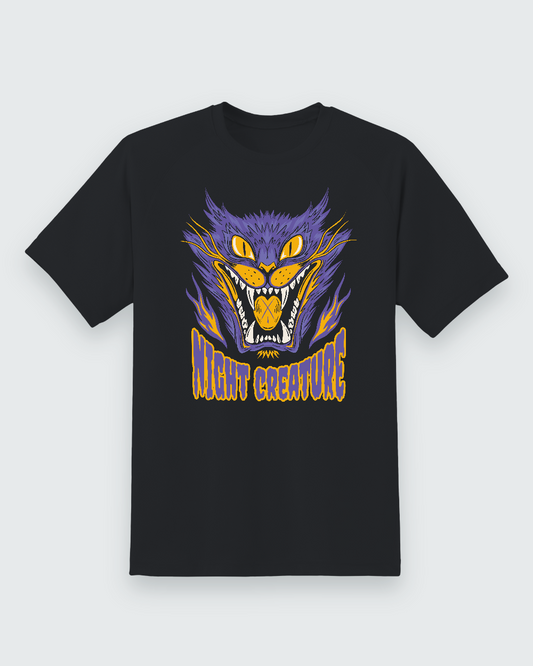 Night Creature Graphic Tee — black shirt, front view