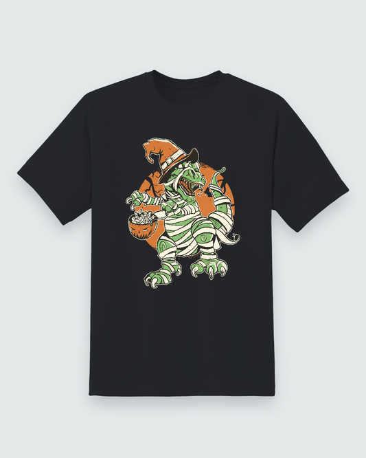 Halloween Dino Graphic Tee — black shirt, front view