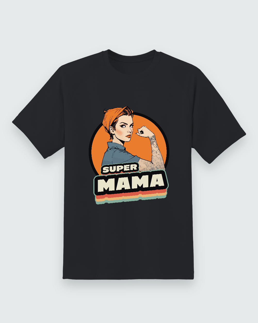Super Mama Graphic Tee — black shirt, front view