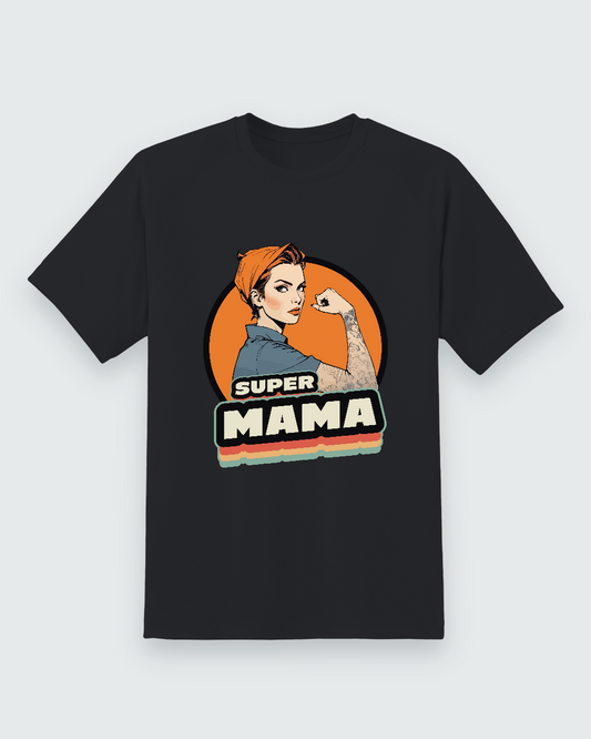 Super Mama Graphic Tee — black shirt, front view