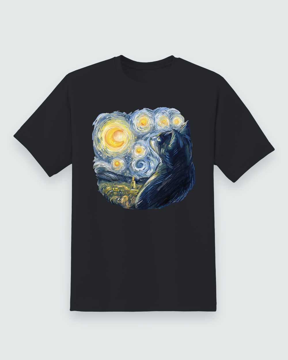 Starry Night Cat Graphic Tee — black shirt, front view