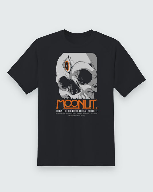 Moonlit Skull Halloween Tee — black shirt, front view
