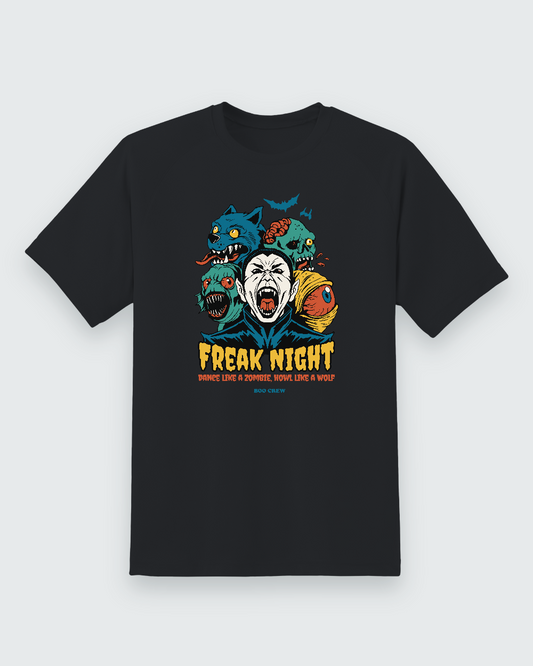 Freak Night Halloween Tee — black shirt, front view