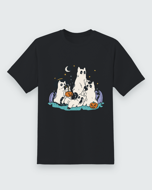 Reading Cats Ghost Halloween Tee — black shirt, front view