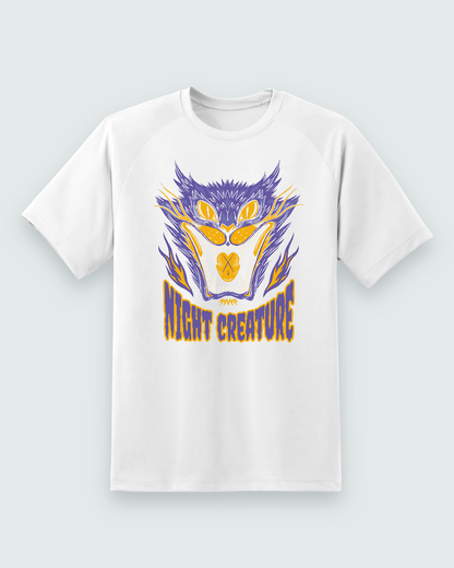Night Creature Graphic Tee — white shirt, front view