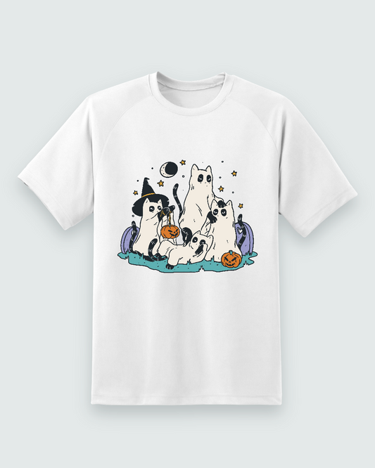 Reading Cats Ghost Halloween Tee — white shirt, front view