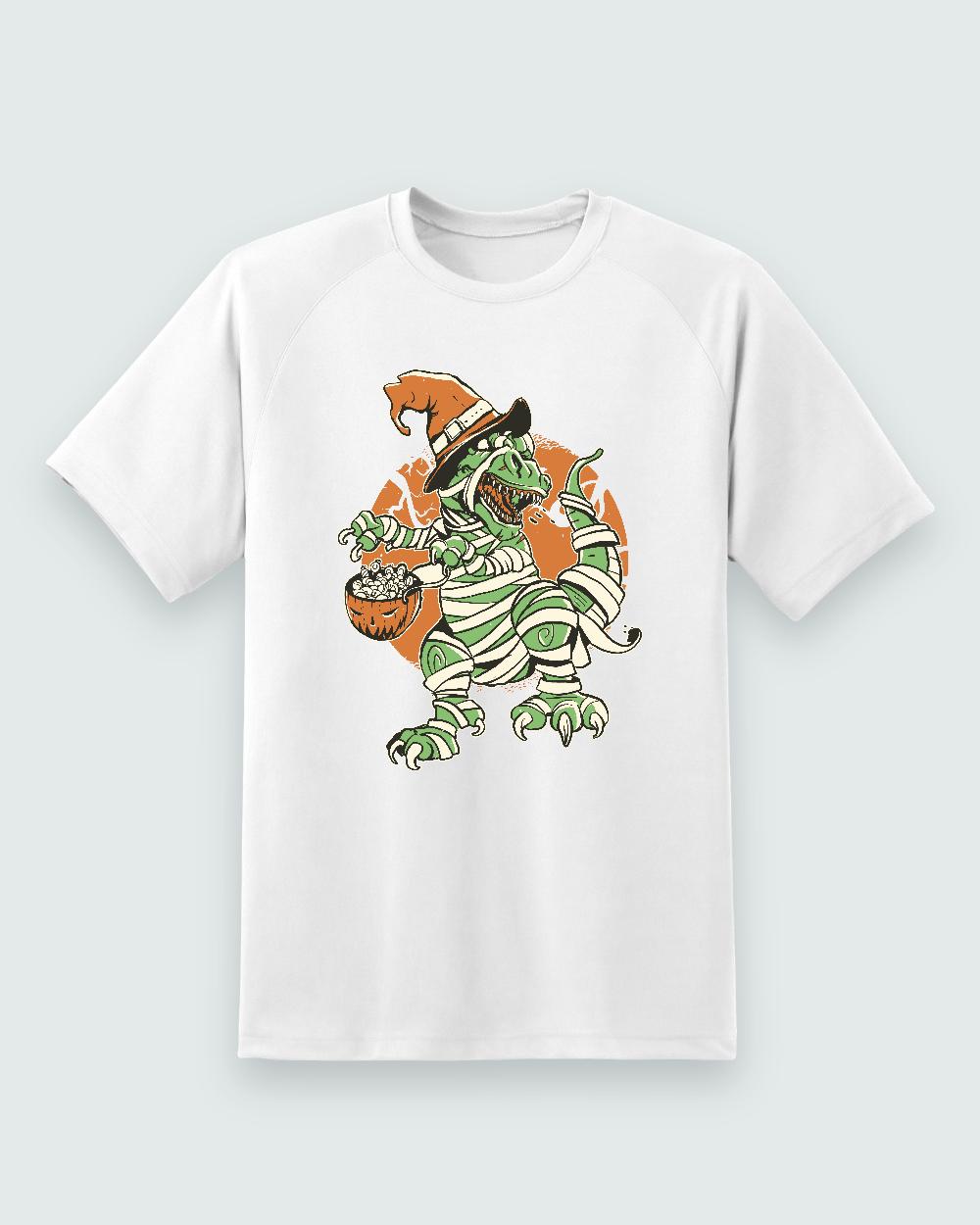 Halloween Dino Graphic Tee — white shirt, front view