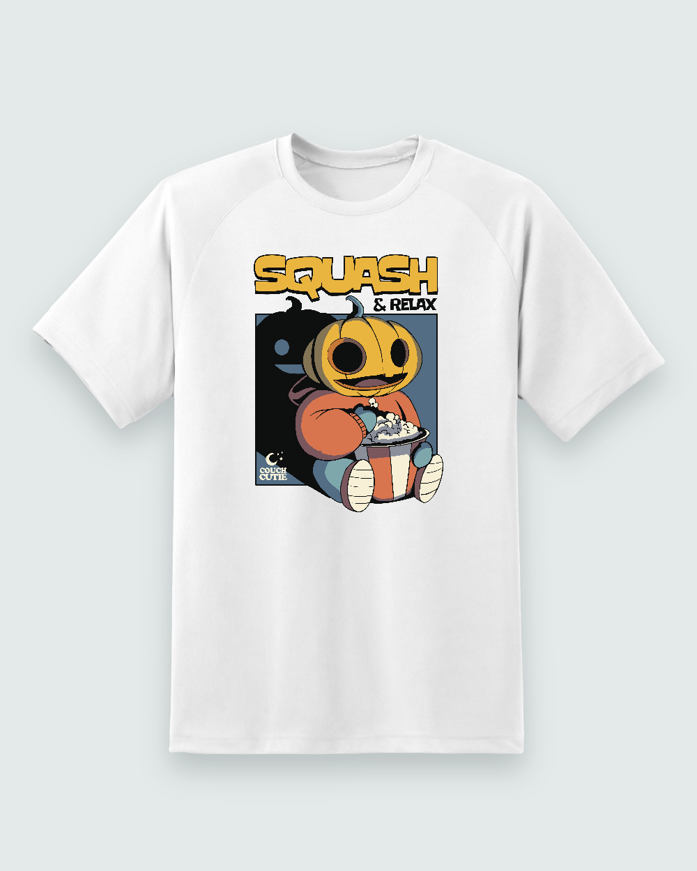Pumpkin Popcorn Halloween Tee — white shirt, front view