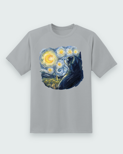 Starry Night Cat Graphic Tee — sport grey shirt, front view