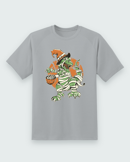 Halloween Dino Graphic Tee — sport grey shirt, front view