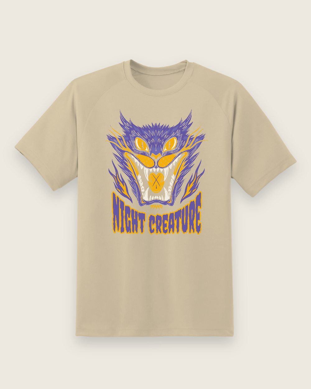 Night Creature Graphic Tee — sand shirt, front view