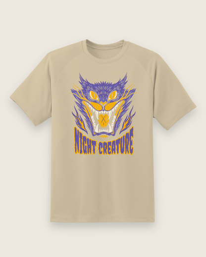 Night Creature Graphic Tee — sand shirt, front view
