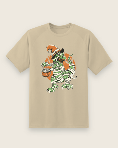 Halloween Dino Graphic Tee — sand shirt, front view