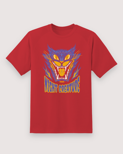 Night Creature Graphic Tee — red shirt, front view