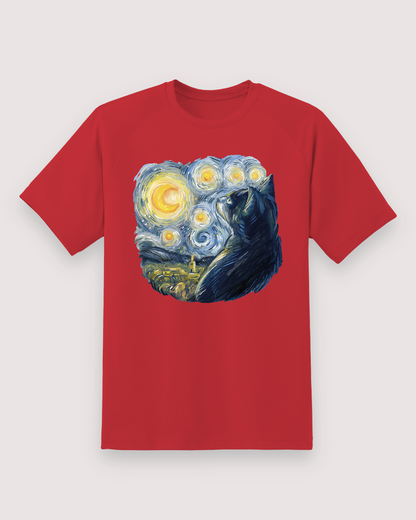 Starry Night Cat Graphic Tee — red shirt, front view