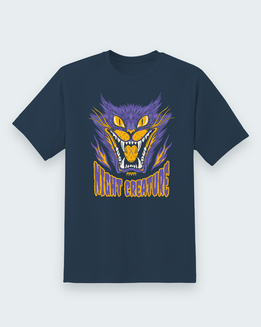 Night Creature Graphic Tee — navy shirt, front view