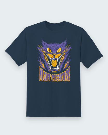 Night Creature Graphic Tee — navy shirt, front view
