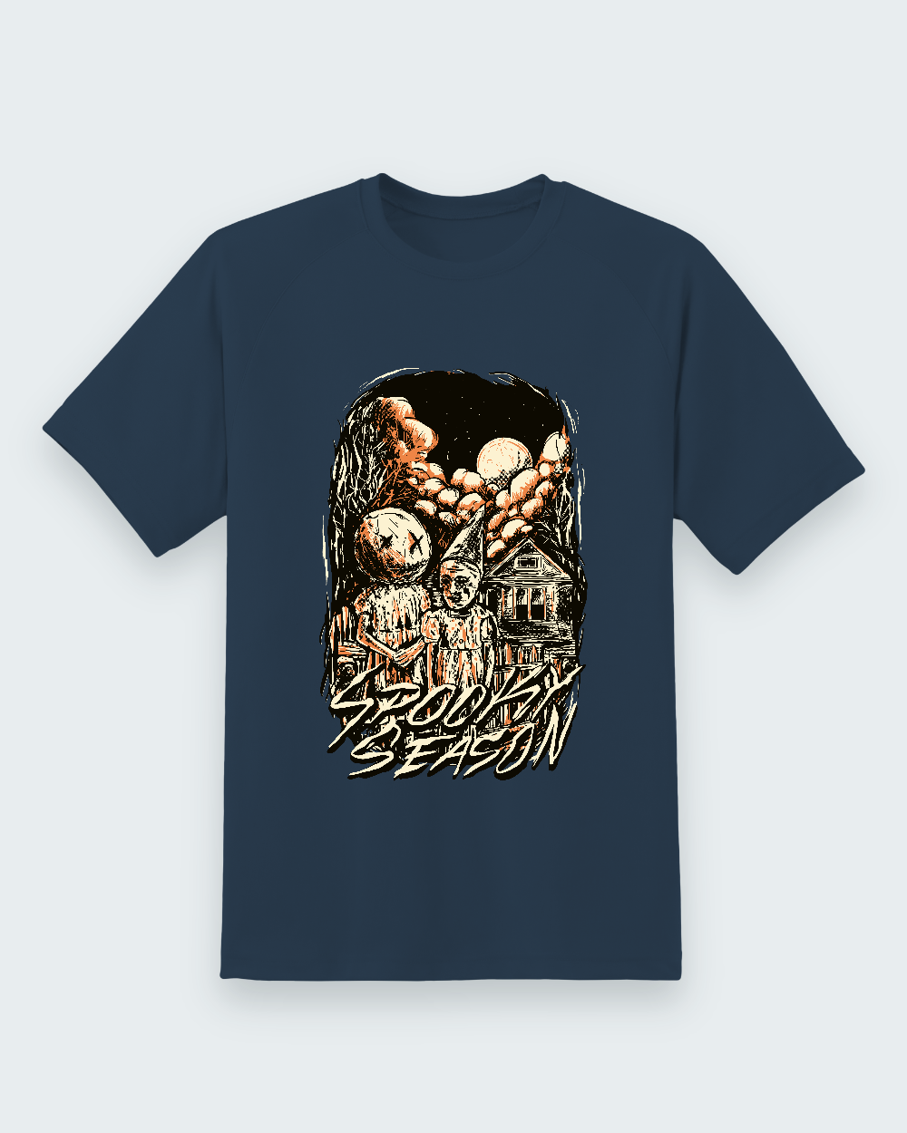 Spooky Season Graphic Tee — navy shirt, front view