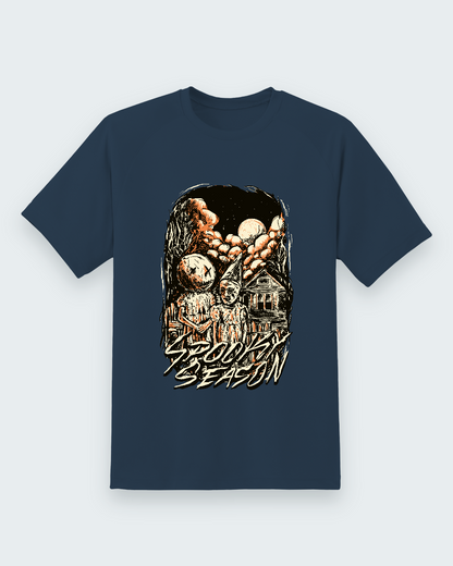 Spooky Season Graphic Tee — navy shirt, front view