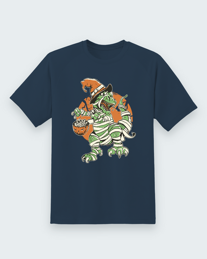 Halloween Dino Graphic Tee — navy shirt, front view