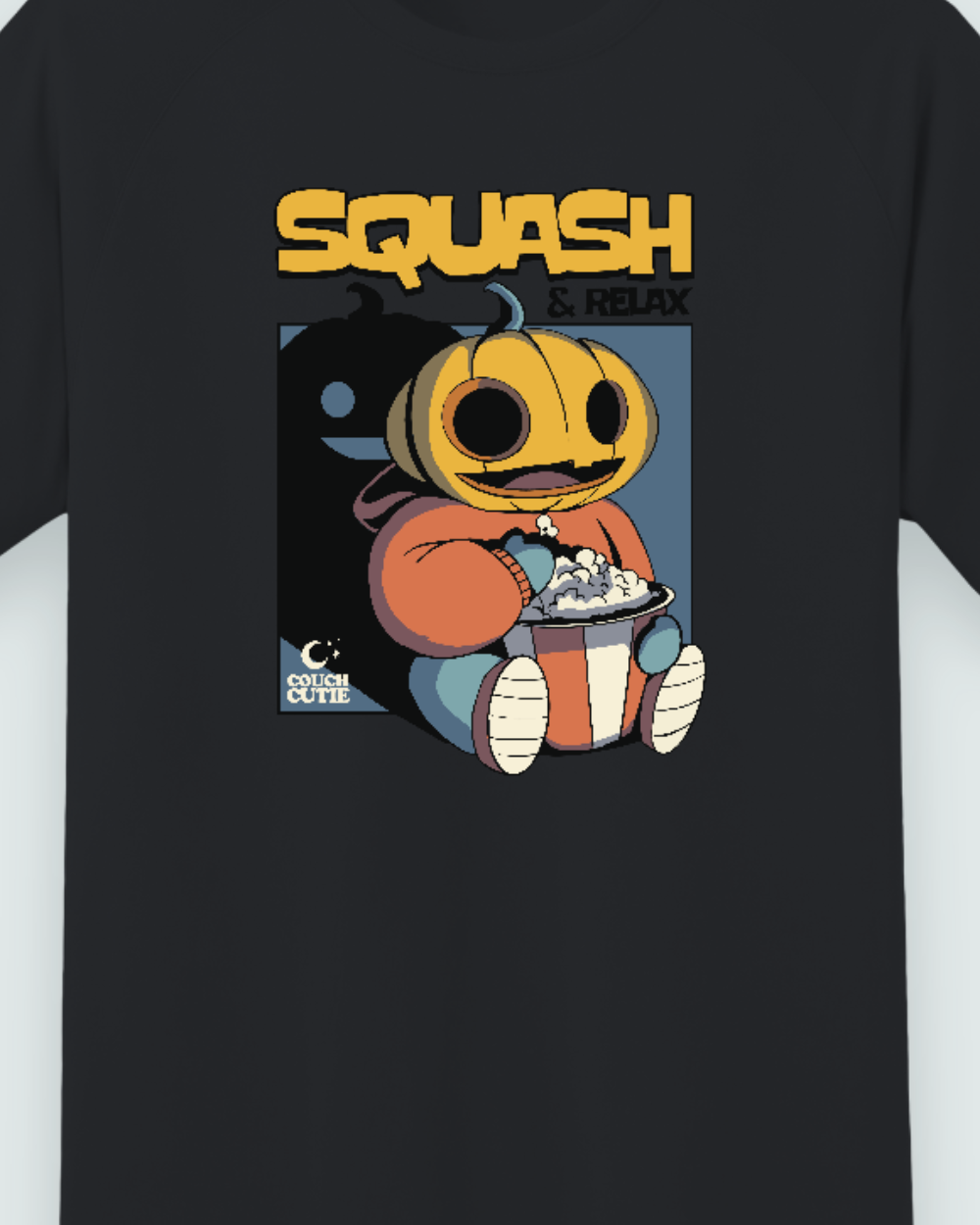 Pumpkin Popcorn Halloween Tee — Close-up of the graphic print