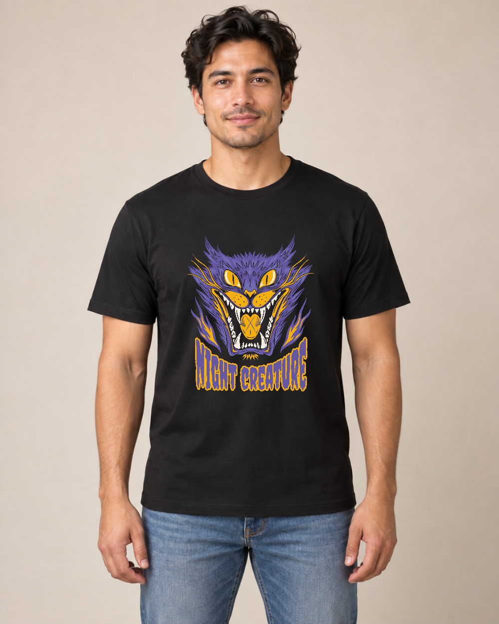 Night Creature Graphic Tee — Model wearing the shirt, front view
