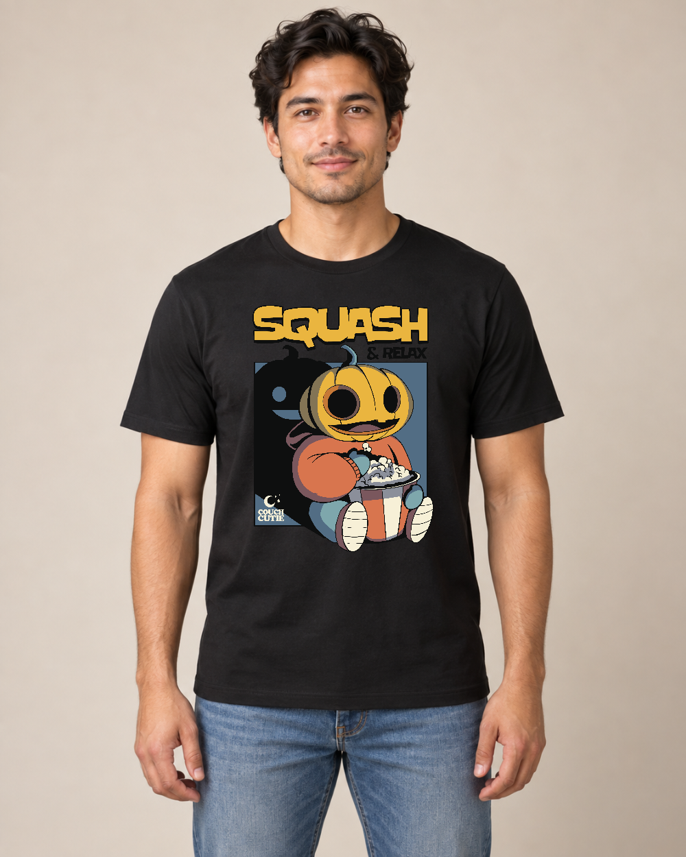 Pumpkin Popcorn Halloween Tee — Model wearing the shirt, front view