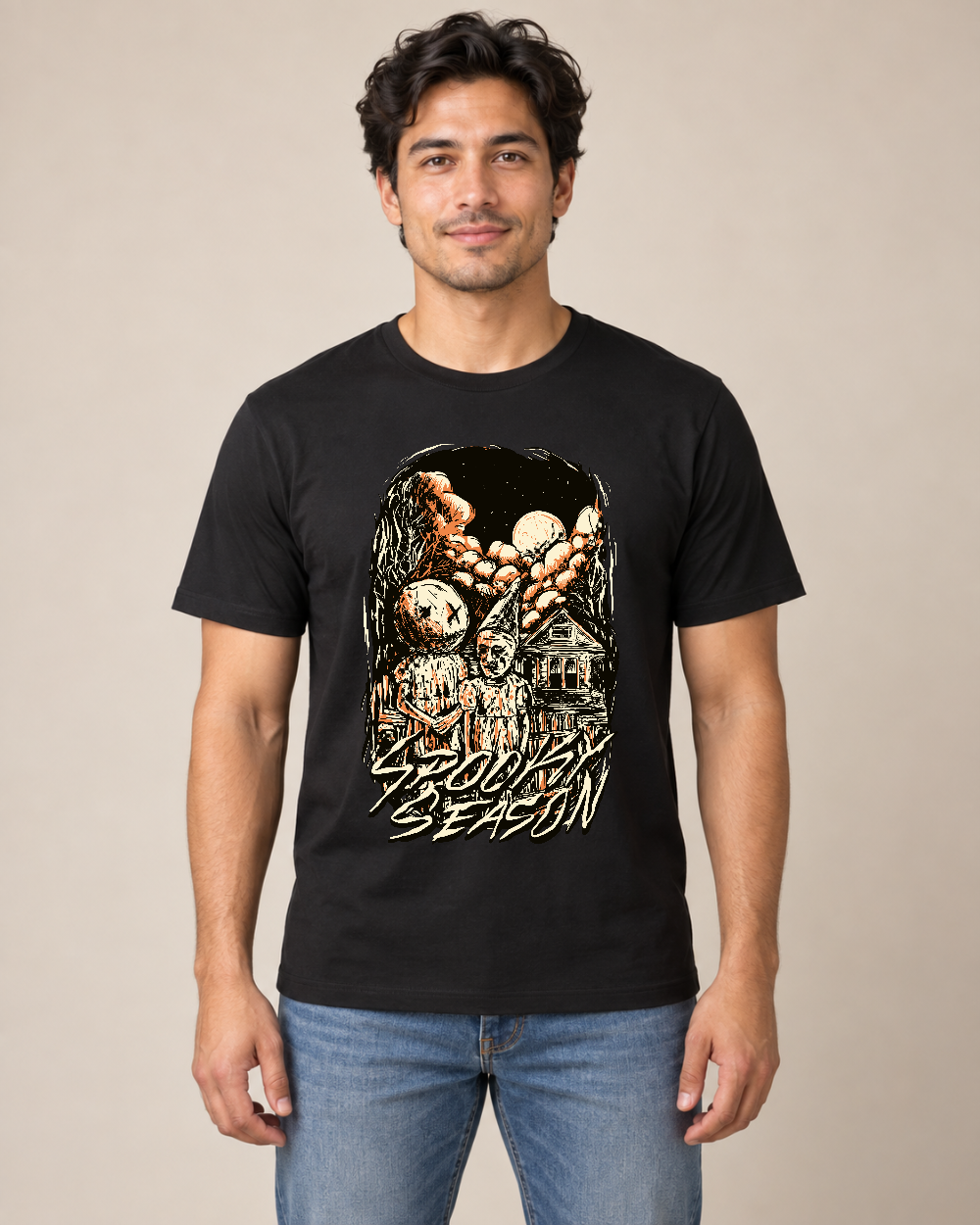Spooky Season Graphic Tee — Model wearing the shirt, front view