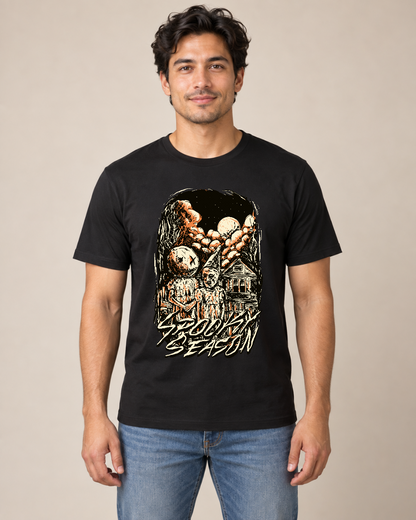 Spooky Season Graphic Tee — Model wearing the shirt, front view