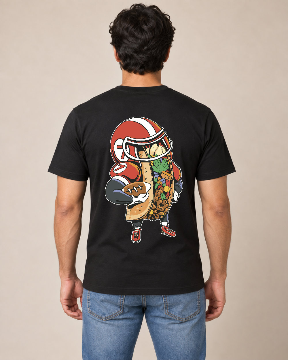 Football Taco Game Day Tee — Model wearing the shirt, back view