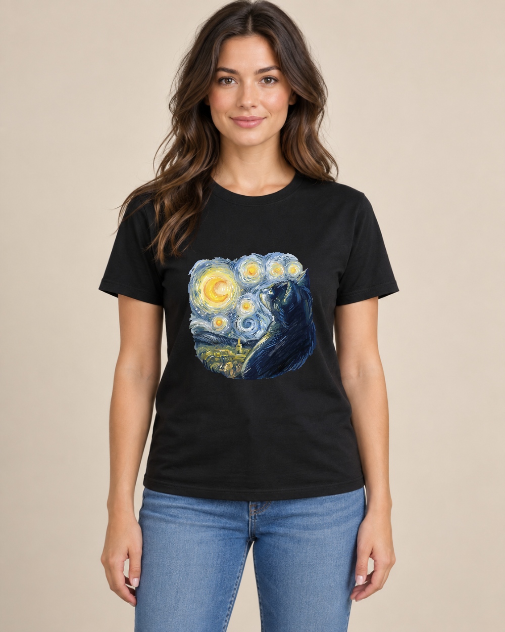 Starry Night Cat Graphic Tee — Model wearing the shirt, front view