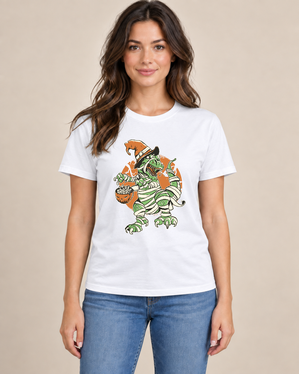 Halloween Dino Graphic Tee — Model wearing the shirt, front view