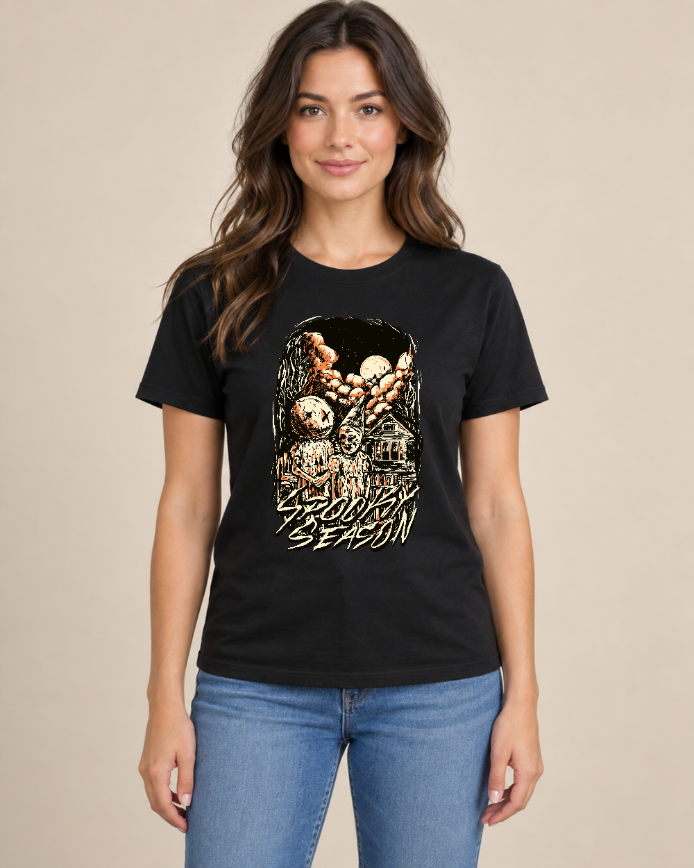 Spooky Season Graphic Tee — Model wearing the shirt, front view