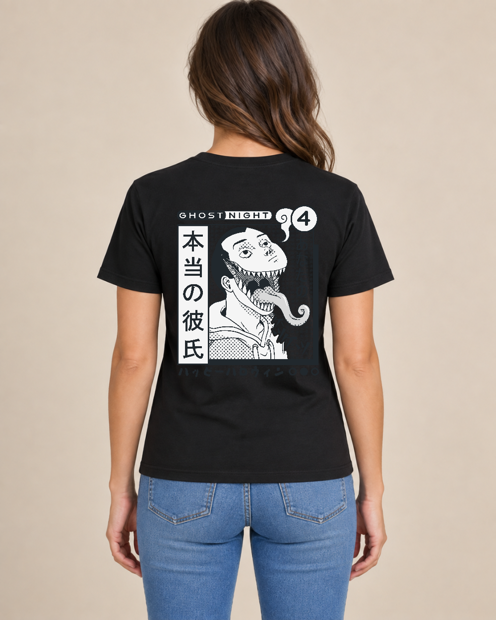Ghost Night Horror Back Print Tee — model wearing the shirt, back view