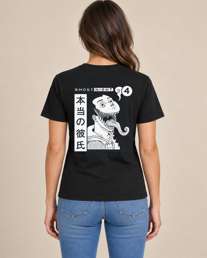 Ghost Night Horror Back Print Tee — model wearing the shirt, back view