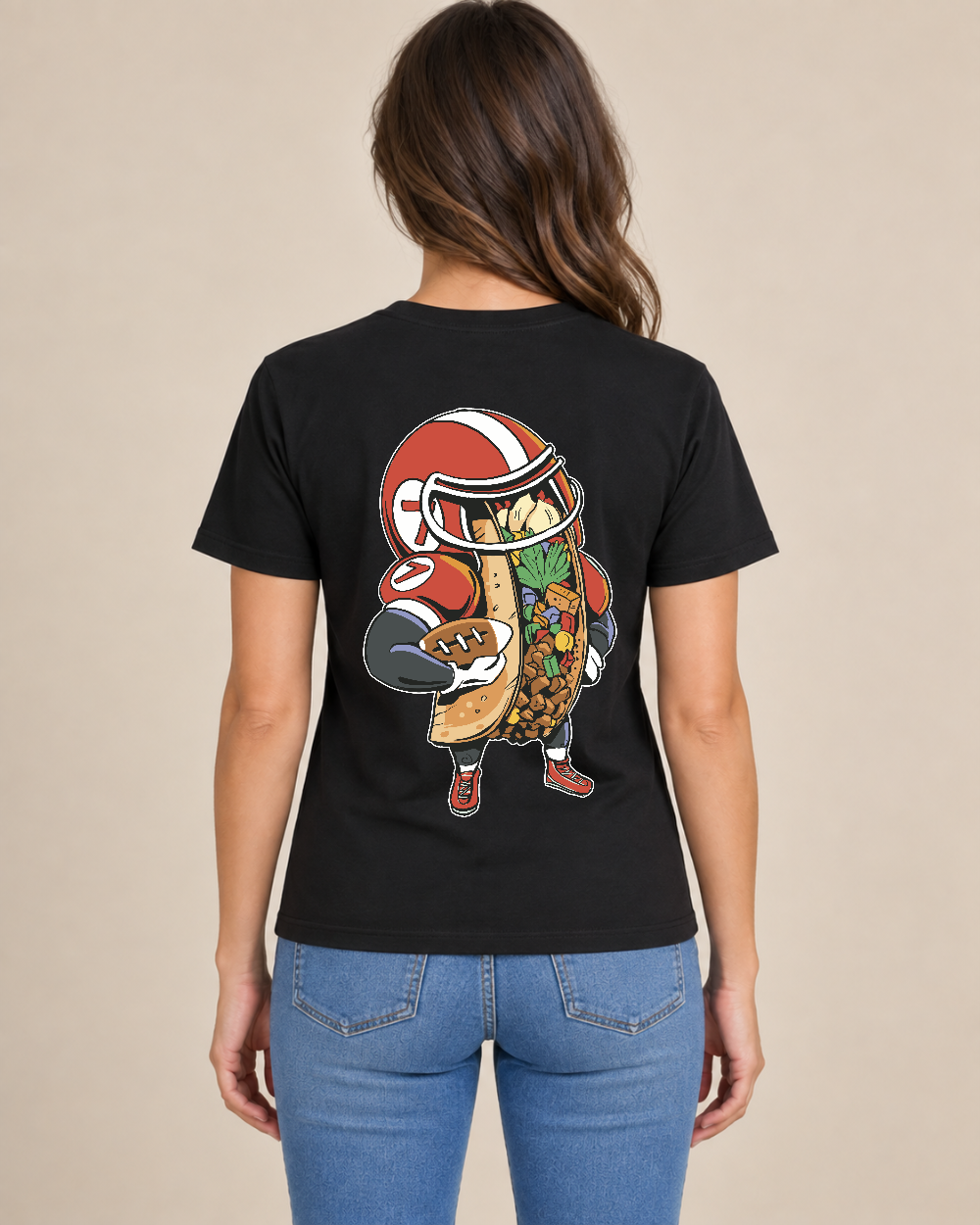 Football Taco Game Day Tee — Model wearing the shirt, back view