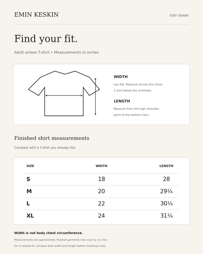 Emin Keskin adult unisex T-shirt size guide — width and length in inches