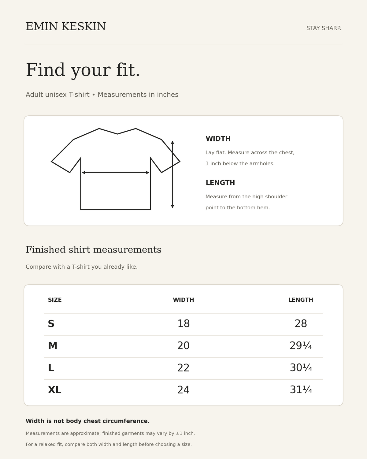 Emin Keskin adult unisex T-shirt size guide — width and length in inches