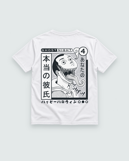 Ghost Night Horror Back Print Tee — white shirt, back view