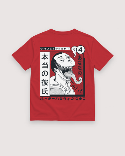 Ghost Night Horror Back Print Tee — red shirt, back view