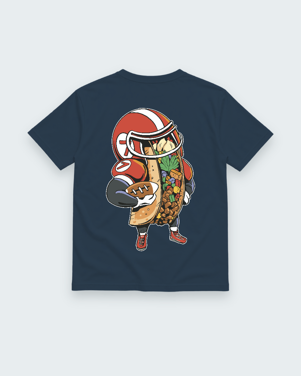 Football Taco Game Day Tee — navy shirt, back view