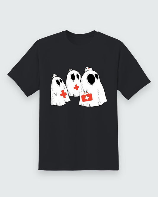 Black T-shirt front with three nurse ghosts graphic