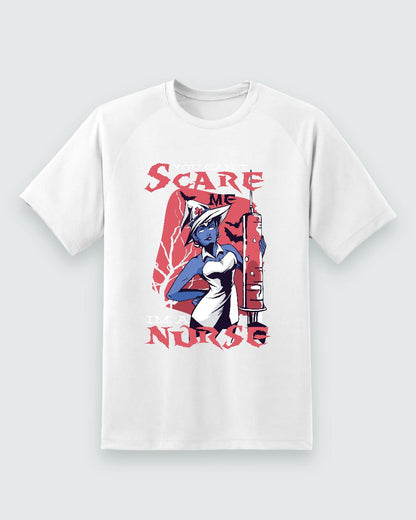You Can’t Scare Me Nurse Halloween Tee — white shirt, front view