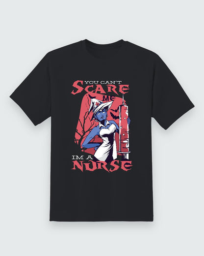 You Can’t Scare Me Nurse Halloween Tee — black shirt, front view