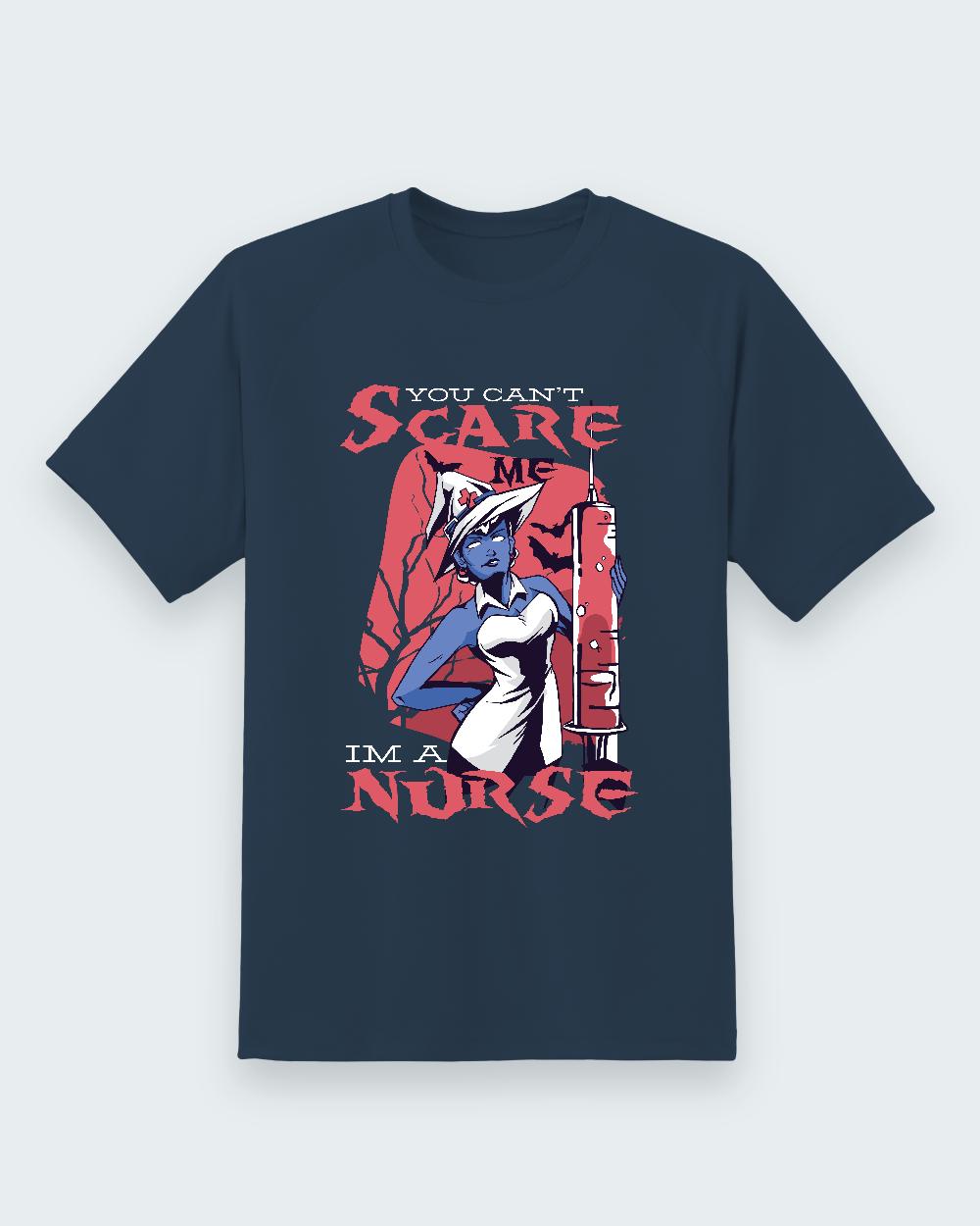 You Can’t Scare Me Nurse Halloween Tee — navy shirt, front view