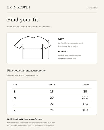 Emin Keskin adult unisex T-shirt size guide — width and length in inches